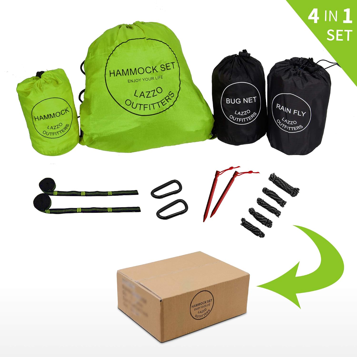 LAZZO Camping Hammock | Bundle Includes Net, Tarp, Tree Straps, Backpack | Weighs 4 Pounds, Perfect for Hammock Camping,Backpacking，Hiking | Lightweight Nylon Single Hammock