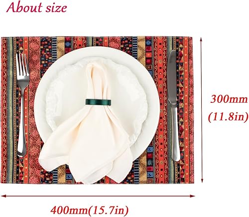 Miniatura 7 de Juego de 6 manteles individuales lavables de estilo bohemio de 16 x 12 pulgadas, manteles individuales de algodón y lino, color rojo