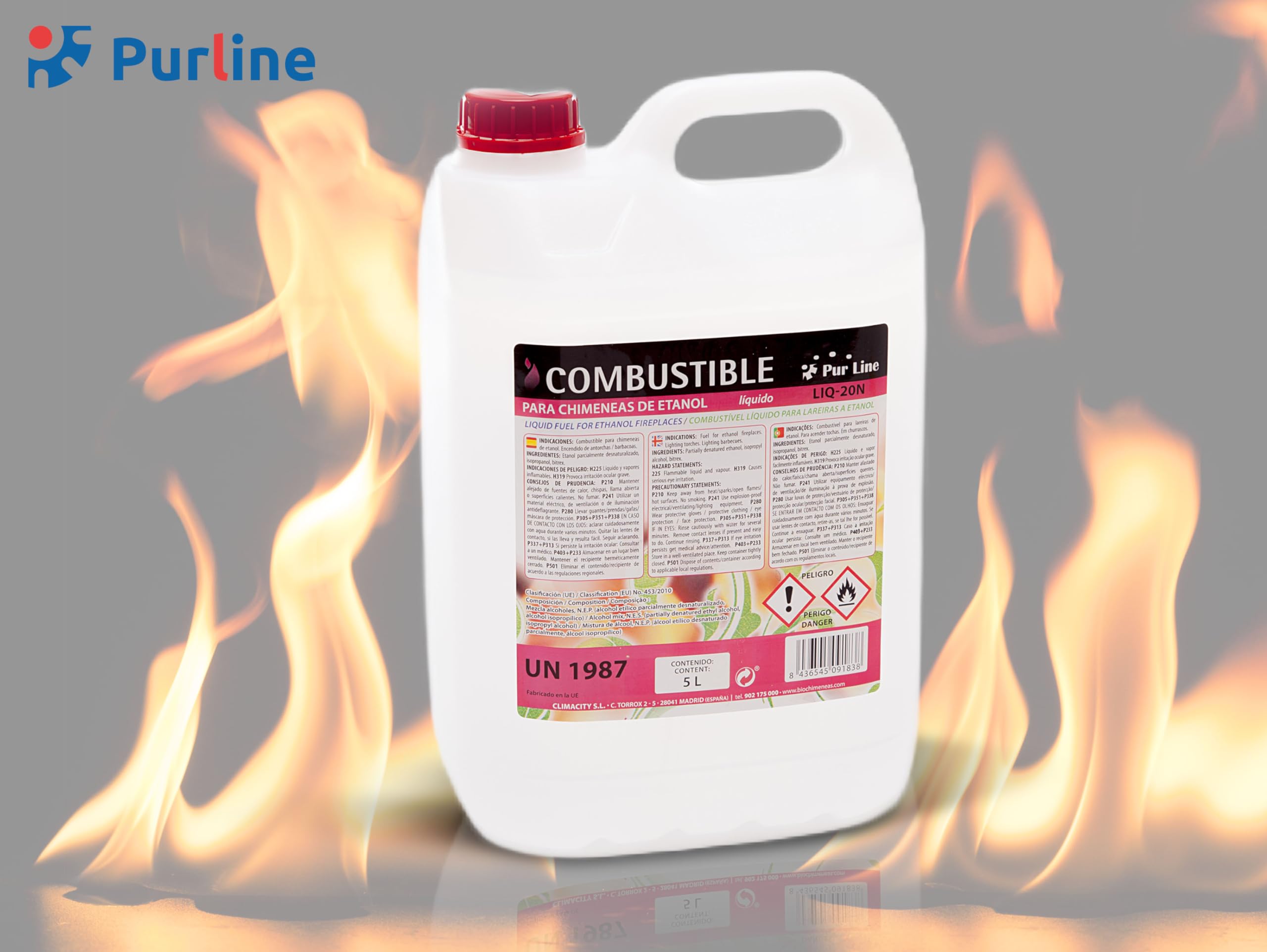 PUR LINE | Bioetanol 5L 96% Combustible para Chimeneas y Estufas, Sin Humo y Alta Combustión - Bioetanol Líquido para Biochimeneas, Quemadores y Uso Interior/Exterior