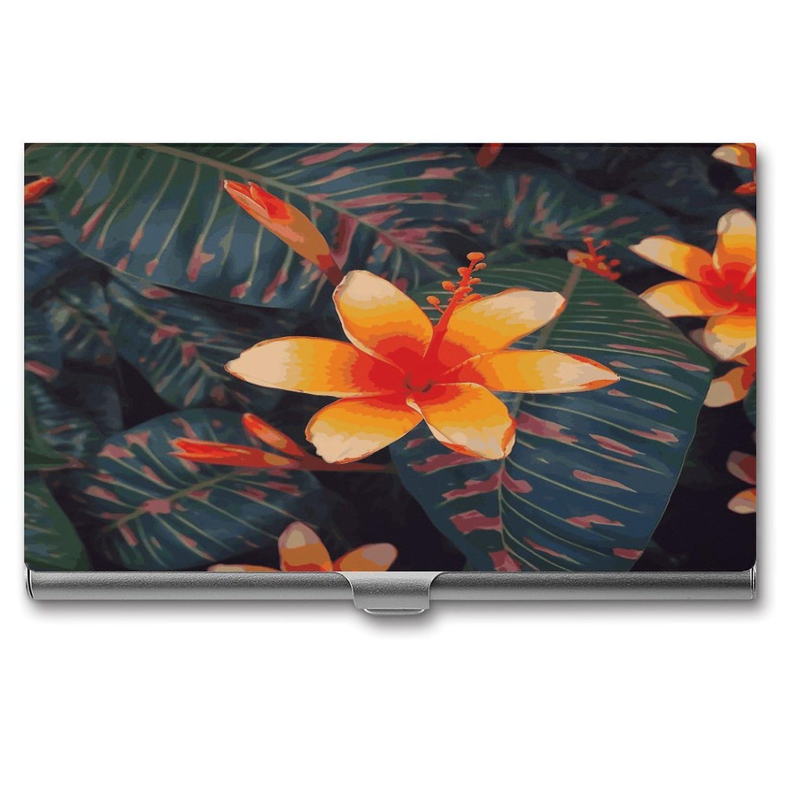 FekiLoot Hawaii Tropical Flower Business Card Holder for Men Women Metal Slim Organizer Business Card Carrier Wallet Name Cards Holder Retro Slim Pocket Purse Small Portable Card Case