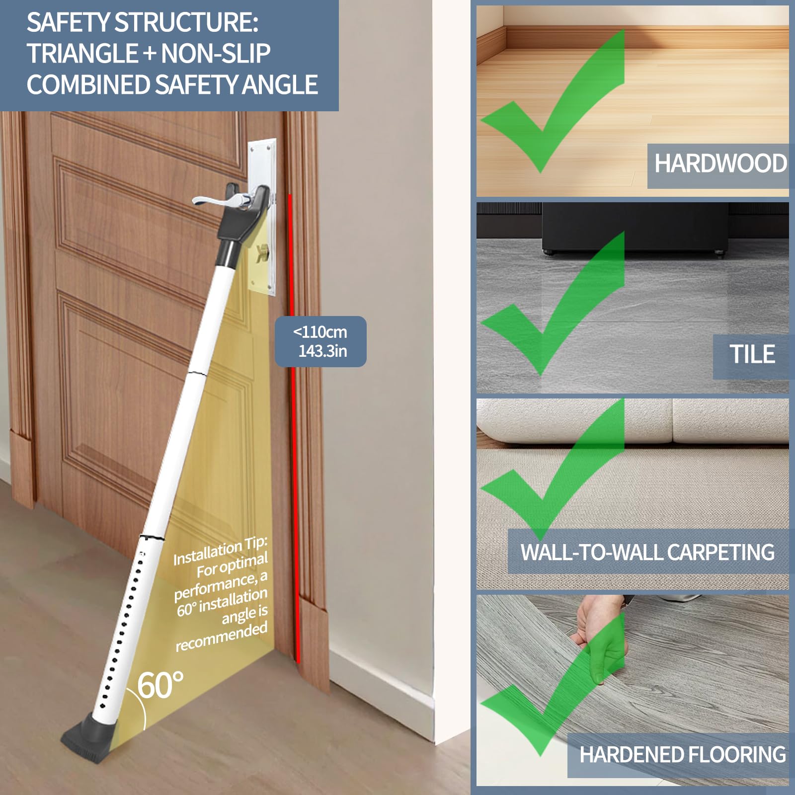 Barra de seguridad multifuncional mejorada para puerta y barra de ventanas correderas, topes ajustables resistentes para apartamento, hogar, habitación de hotel