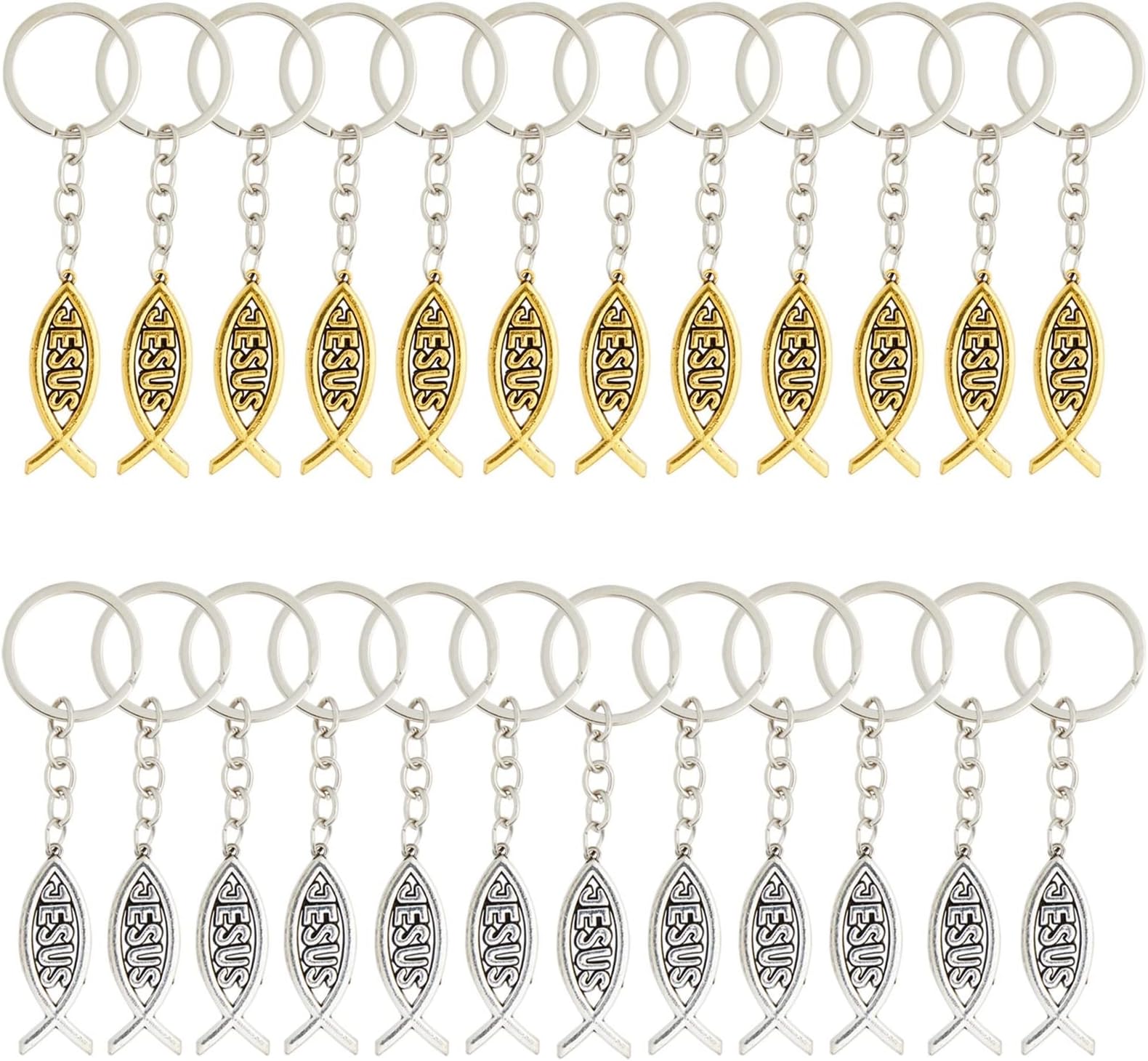 Juvale Jesus Fish Keychains - Bulk Religious Party Favors - Durable Metal Keychains - Bulk Christian Gifts - Pack of 24, Gold & Silver, Zinc Alloy, 1 in Dia x 3 in L