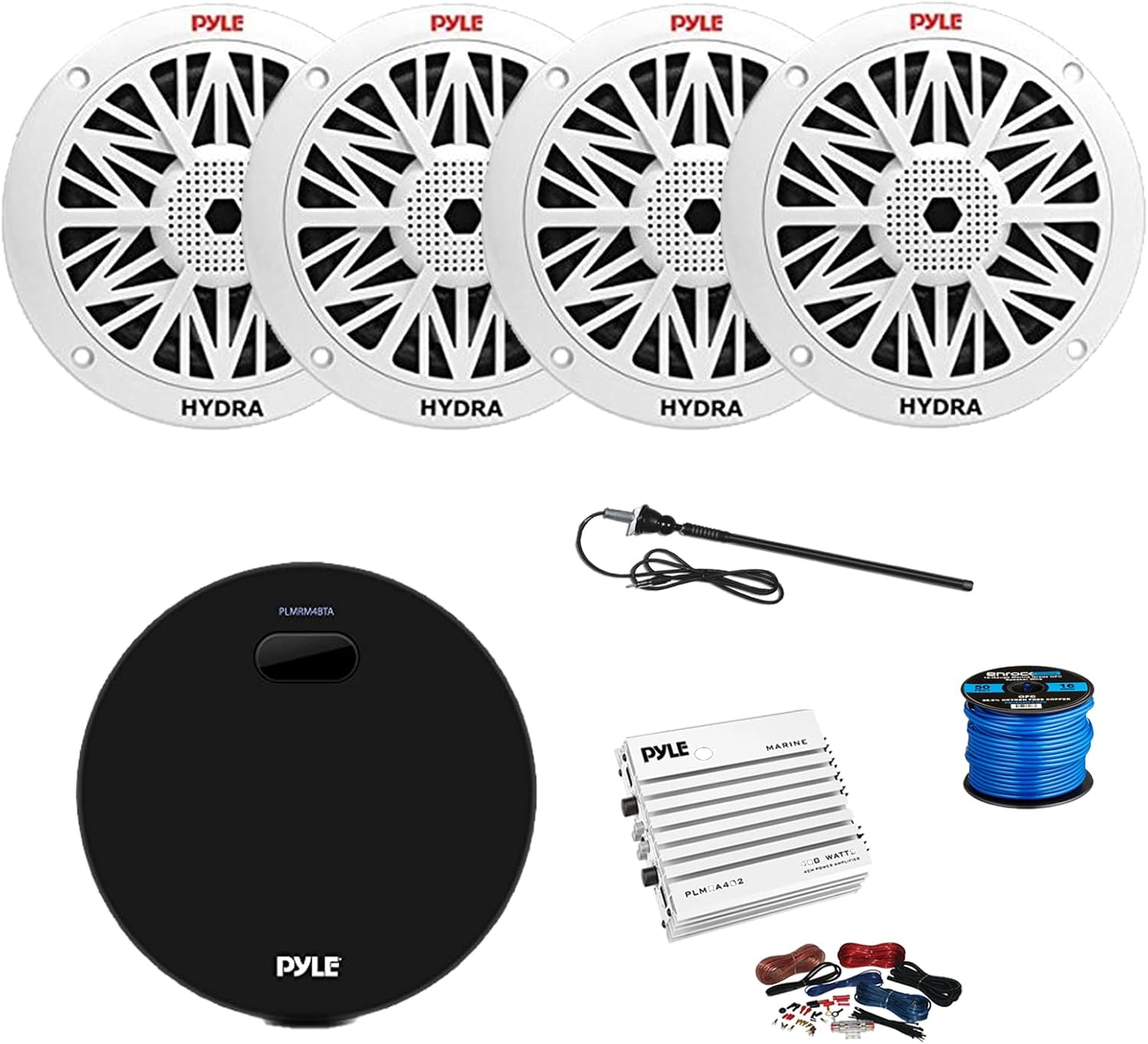 Pyle PLMRM4BTA Gauge Style Marine Bluetooth Receiver, 4-Channel Amplifier w/Kit, 4x 6.5" 200 Watt Peak Full Range 2-Way Waterproof Speakers w/Wire, Long Range Radio Antenna