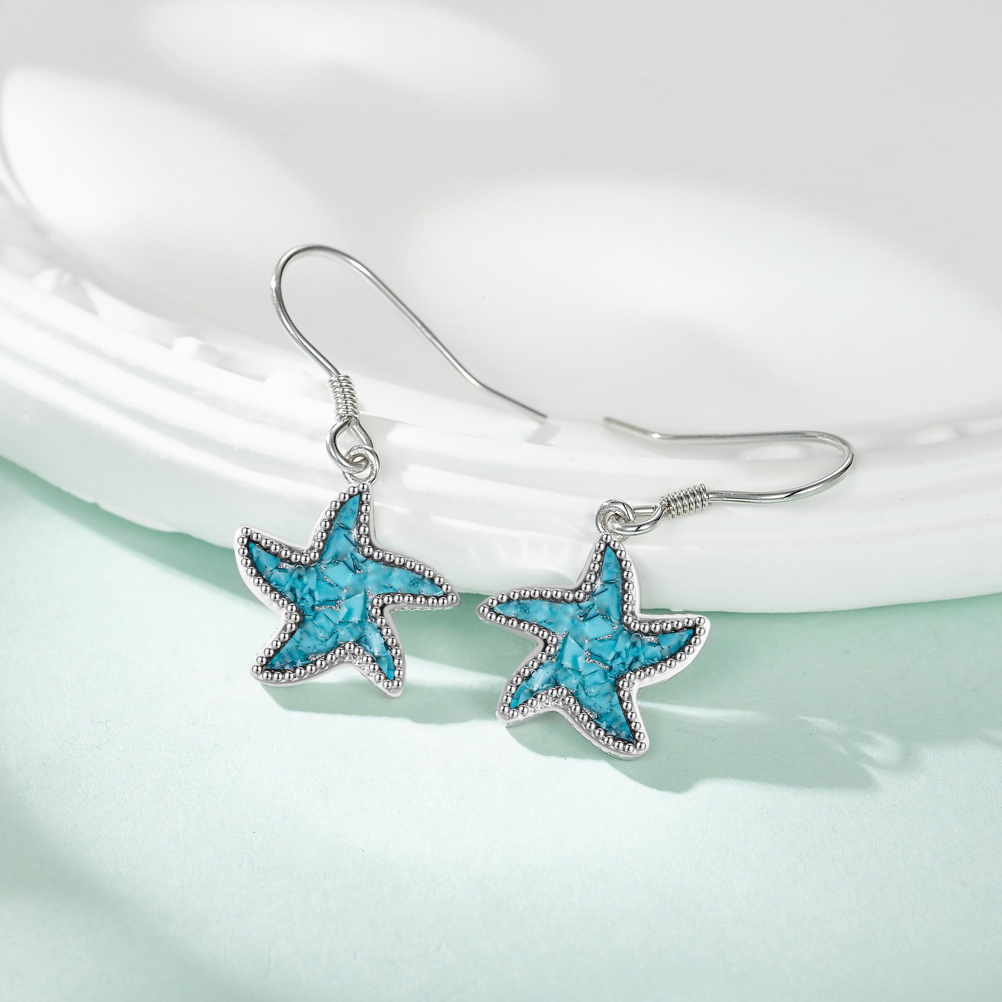 Pendientes de estrella de mar de plata de ley 925 turquesa con diseño de pez marítimo playa pendientes de playa joyas regalos para mujeres niñas estrella de mar océano regalo, Turquesa