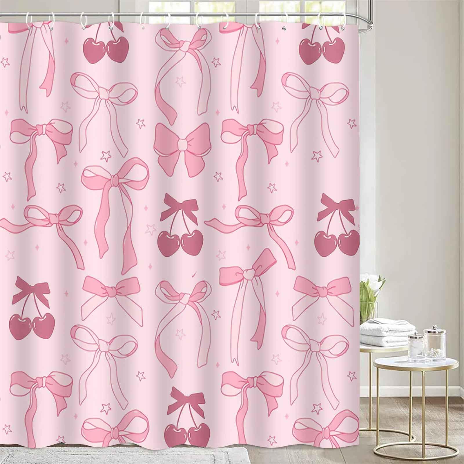 PAEOT Pink Bow Shower Curtain Cute Preppy Bow Cherry Aesthetic Bathroom Curtain Decor 72x72Inch Washable Polyester Girls Bowknot Fruits Shower Curtains Set with 12 Hooks