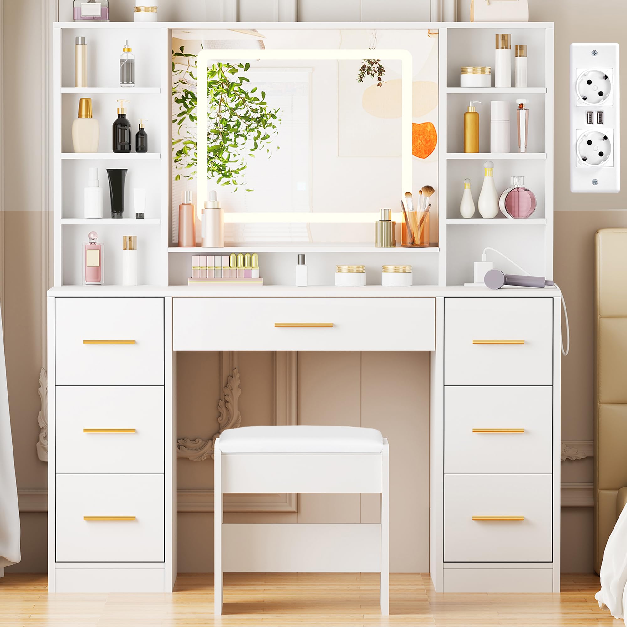 ANWBROAD Grande Coiffeuse avec Miroir et Tabouret Éclairage LED Réglable 3 Couleurs et Prises Blanche Moderne 7 Tiroirs 4 Étagères Rangement Ouvertes Coiffeuse 140x100x40cm BDT65W
