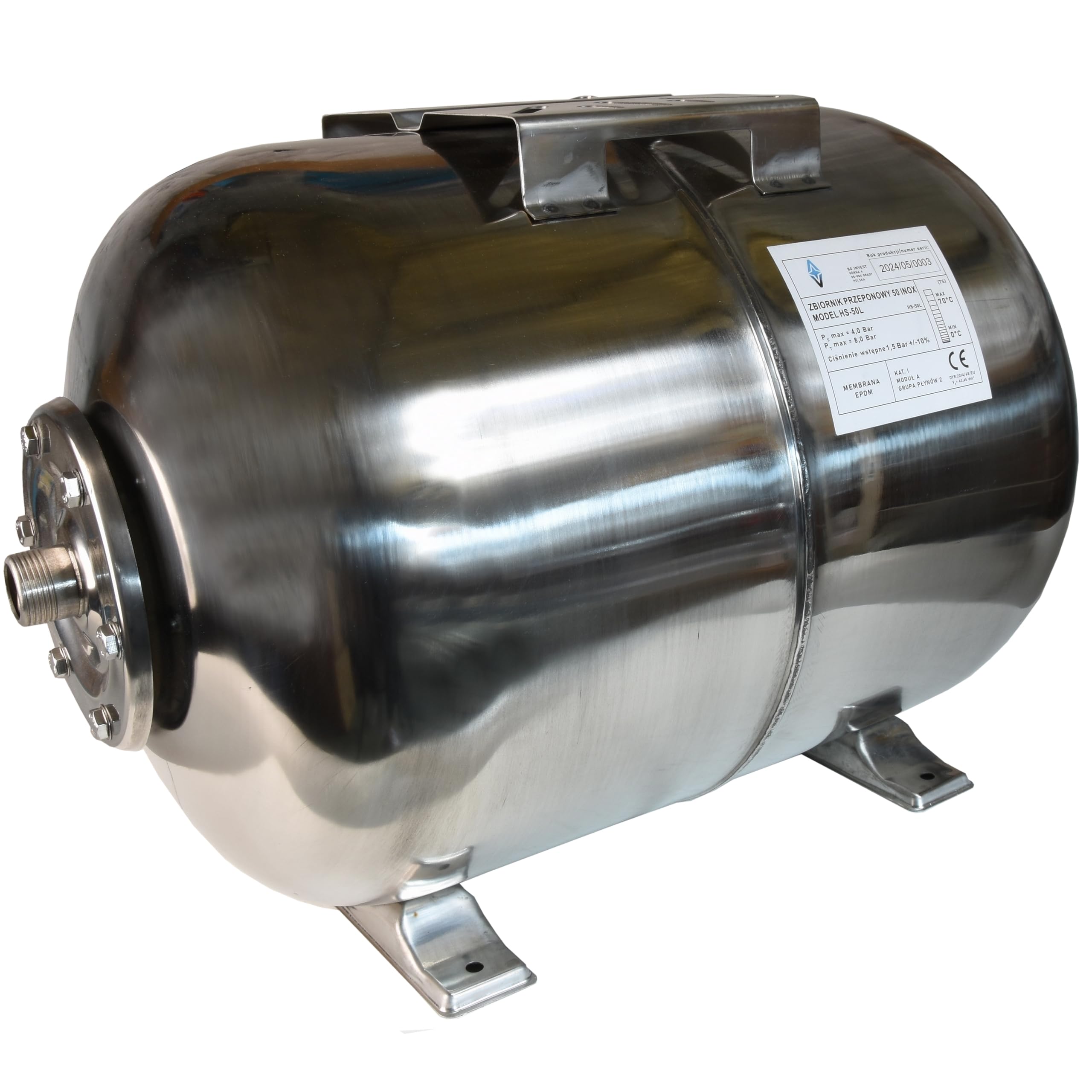 Réservoir à Vessie Sous Pression 50L - Groupe de Surpression - Rccordement 1" - Cuve Ballon en Acier Inoxydable INOX - pour Pompe Domestique, Pompe de Puit - Suppresseur Pompe - Horizontal 50 Litres