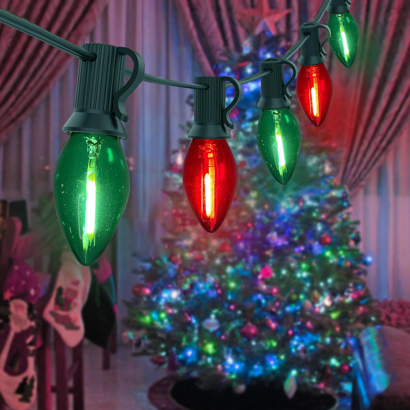 CHYParty 25FT C7 Christmas Lights Outdoor, Red Green Classic 2-Color LED String Lights for Roof, Fence, Tree, Traditional Holiday Decor