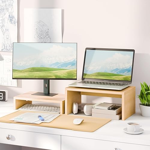 Miniatura 2 de TEAMIX Soporte extraíble para monitor, paquete de 2, soporte de monitor ajustable de madera de 2 niveles, elevador de monitor doble para 2