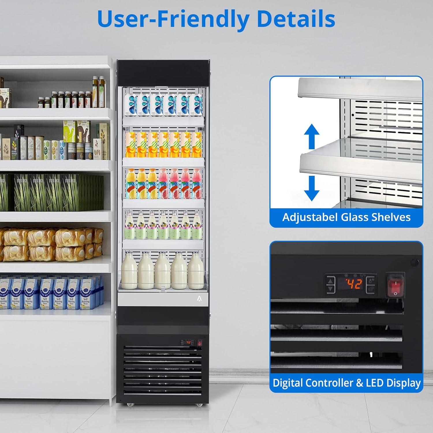 Commercial Display Refrigerator 7.77 Cu.Ft/220L, Display Fridge Upright Beverage Cooler, LED Display, Adjustable Shelve, Automatic Defrost Freestanding Display Drink Cooler for Store Cafe
