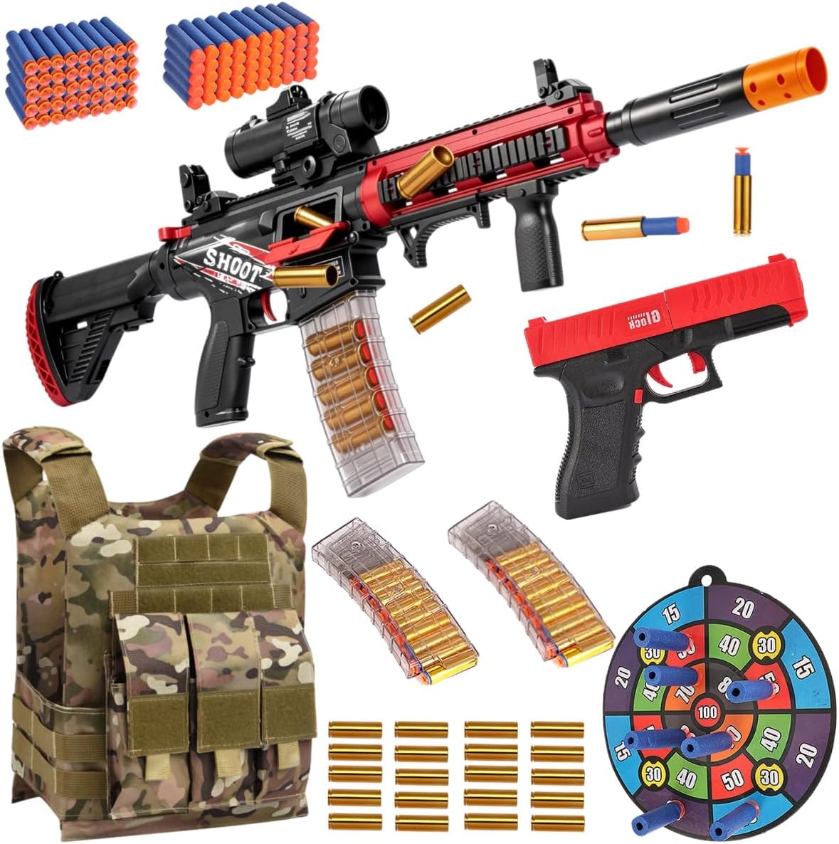 Electric Soft Bullet Toy Gun for Boys, Auto-Manual Shell Ejecting Toy Foam Blasters & Guns with 100 Soft Darts, Tactical Vest Kit,Shooting Games Educational Toys for 6-14+
