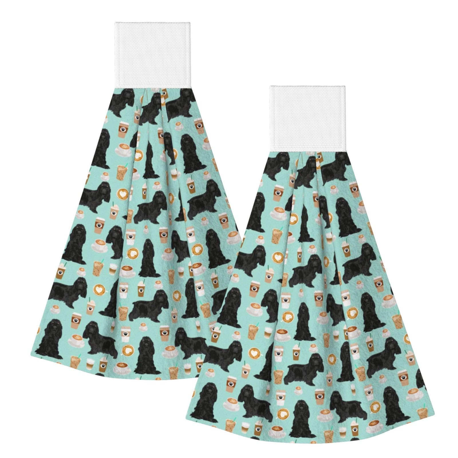 DOPKLNA Cocker Spaniel With Coffees Black Cocker Spaniel Dog, 2 Pcs Hanging Coral Fiber Hand Towels for Bathroom, Absorbent Kitchen Towels