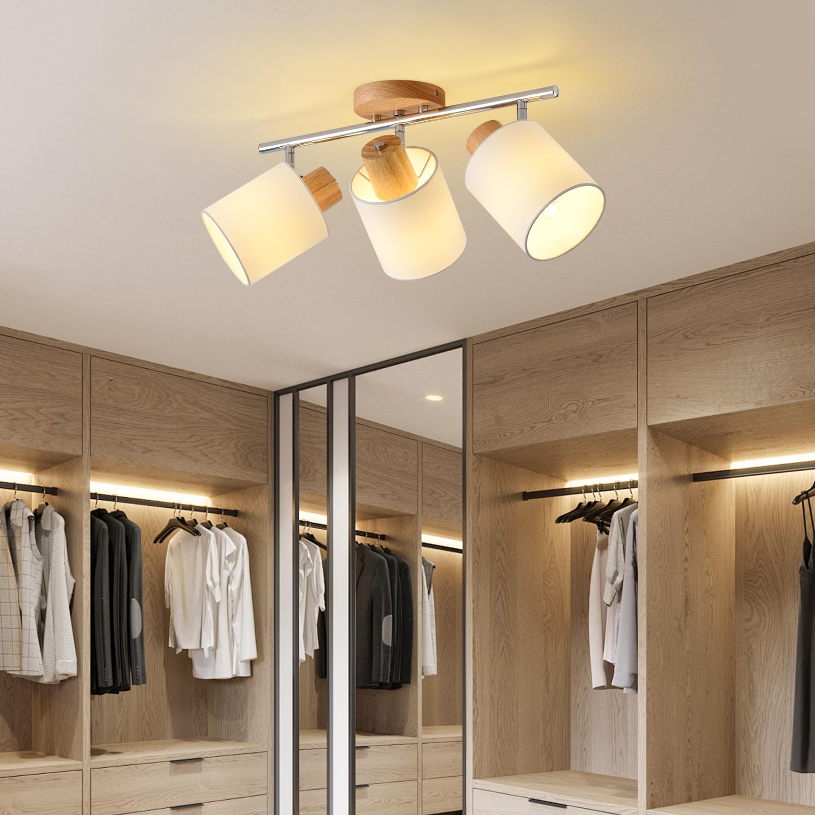 SANSHI faretti led soffitto in 3 punt，lampadario legno regolabile, Base E14 230V moderna Luce a parete,faretti soffitto per interni soggiorno, camera da letto, sala da pranzo (senza lampadine)