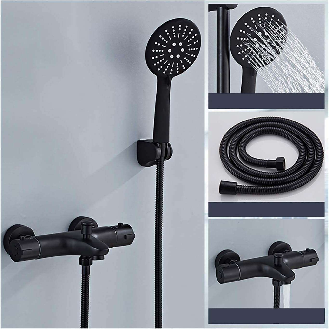 Thermostatic Brass Bathtub Faucet With Handheld Shower Wall Mounted Bathtub Faucet Set Multifunctional Shower Mixer Taps With Cold And Hot Water,Black B,Black a