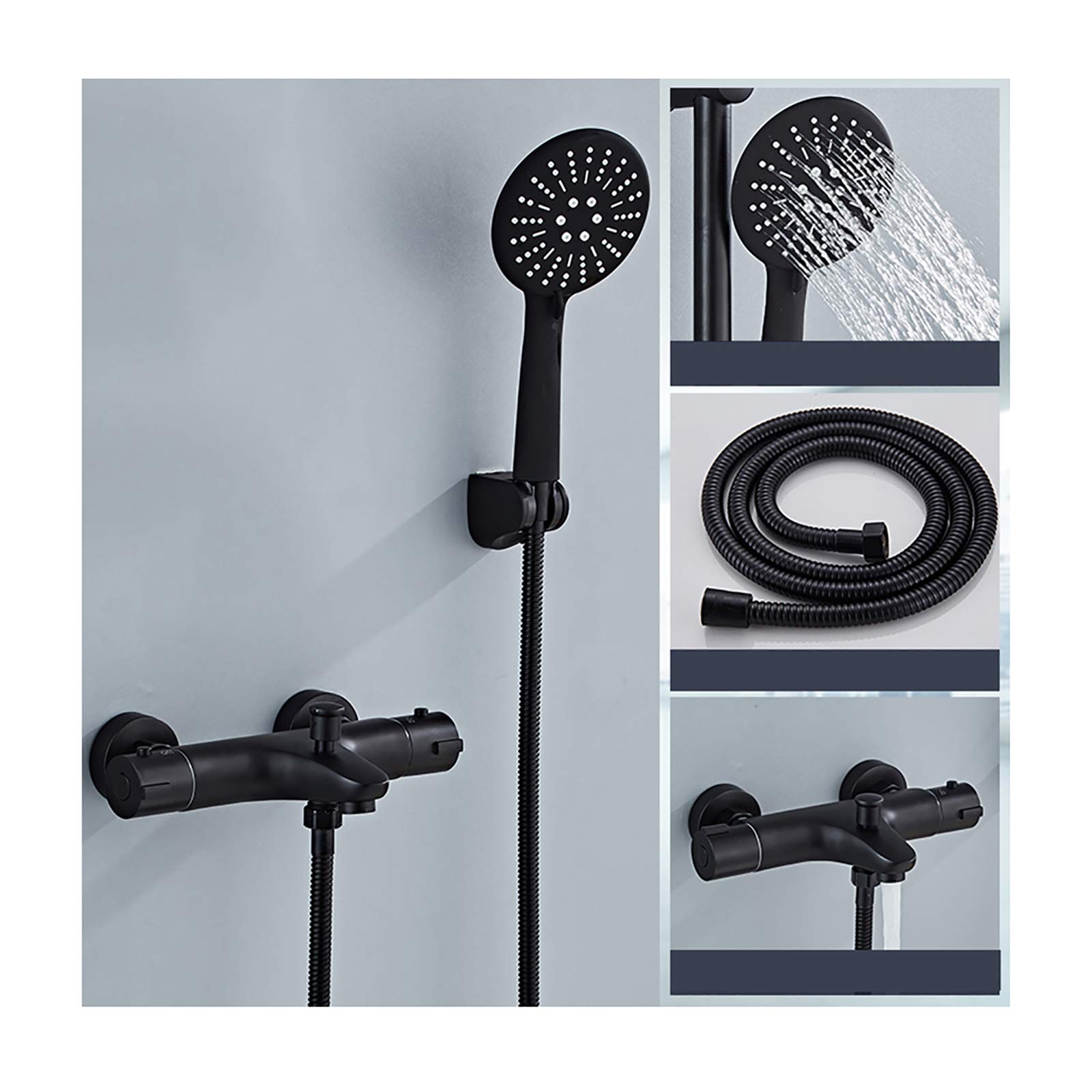GLJTUO Thermostatic Brass Bathtub Faucet with Handheld Shower Wall Mounted Bathtub Faucet Set Multifunctional Shower Mixer Taps with Cold and Hot Water,Black A,Black a