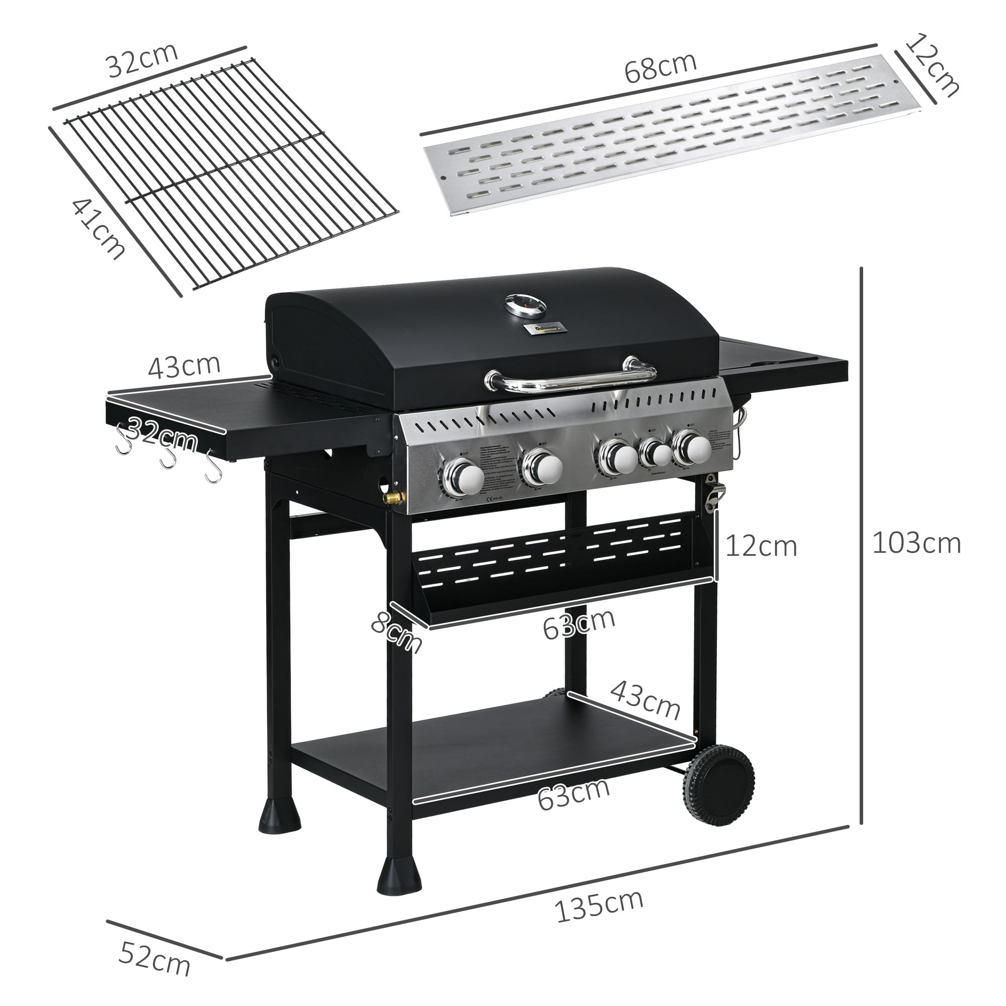 Outsunny Barbecue à gaz 4+1, barbecue au gaz propane 12,5 kW chariot de BBQ avec roulettes, grille chauffante, étagères, thermomètre, décapsuleur, noir