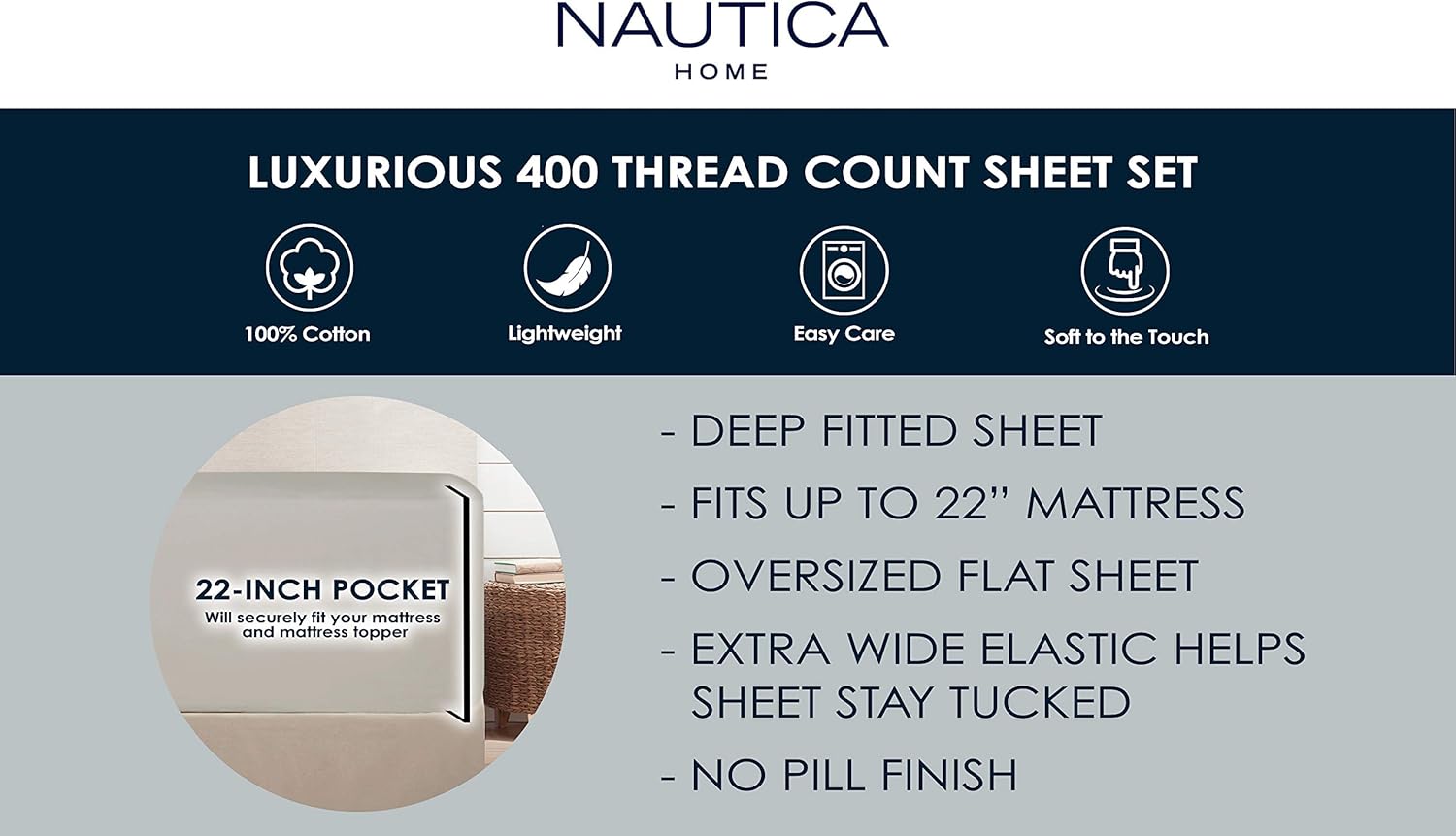 Nautica - Queen Sheets, Cotton Sateen Bedding, 400 Thread Count, Silky Smooth & Wrinkle Resistant (Regatta Grey, Queen)