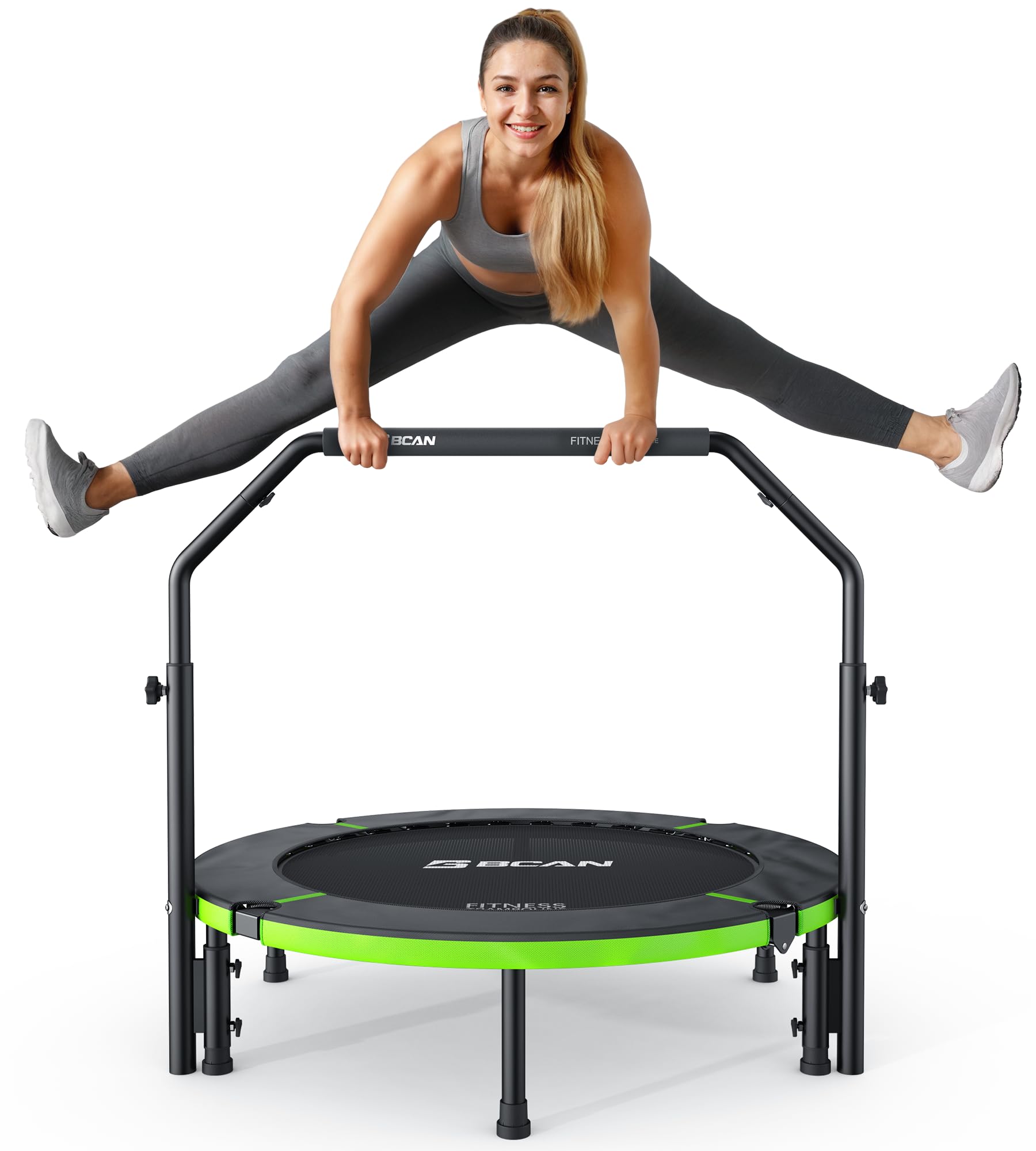 Trampolino da interno BCAN Fitness, diametro Ø 102/122 cm, mini trampolino elastico/a molla, adatto per adulti fino a 204/250 kg, con maniglie regolabili, silenzioso e a basse vibrazioni