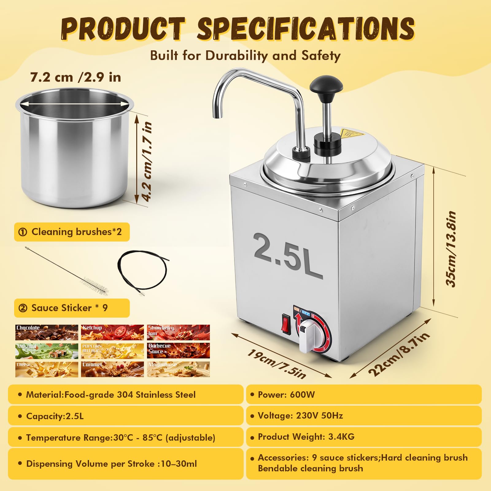 YJINGRUI Elektrischer Saucenspender, 2.5L/600W, 304 Edelstahl, 6 Temperaturstufen (30-85°C), 2 Bürsten, Commercial saucenwärmer mit spender für Ketchup, heiße Schokolade, Karamell