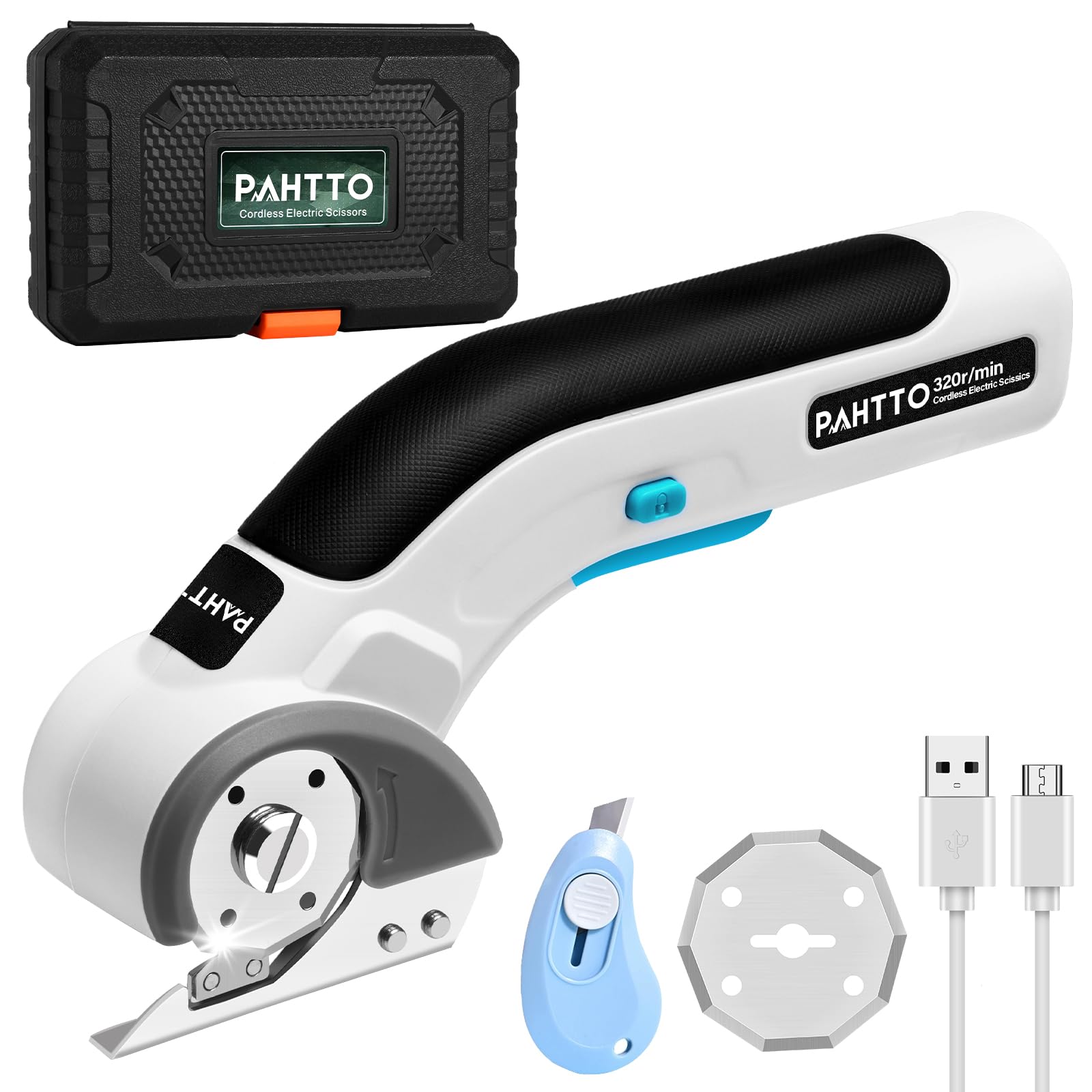 PAHTTO Forbici elettriche Taglierina per cartone 4V, 320 giri/min, taglierina rotante senza fili Taglierina universale Batteria con 2 lame autoaffilanti, per cartone, moquette, pelle, tessuto, PVC