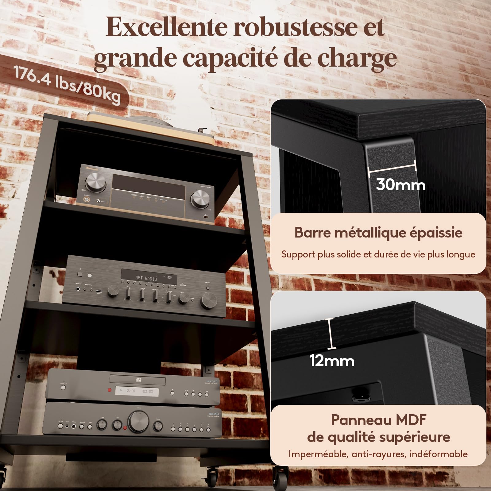 Lifewit Meuble Hifi 4 Niveaux avec Multiprises et Lumières LED, Meuble Vinyle en Bois et Acier, 60 x 55 x 90 cm, Noir