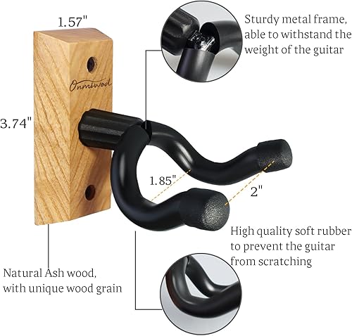 Miniatura 5 de Soporte de pared para guitarra, paquete de 2 unidades, colgador de guitarra de madera dura de ceniza, soporte de pared para guitarra en forma de U,