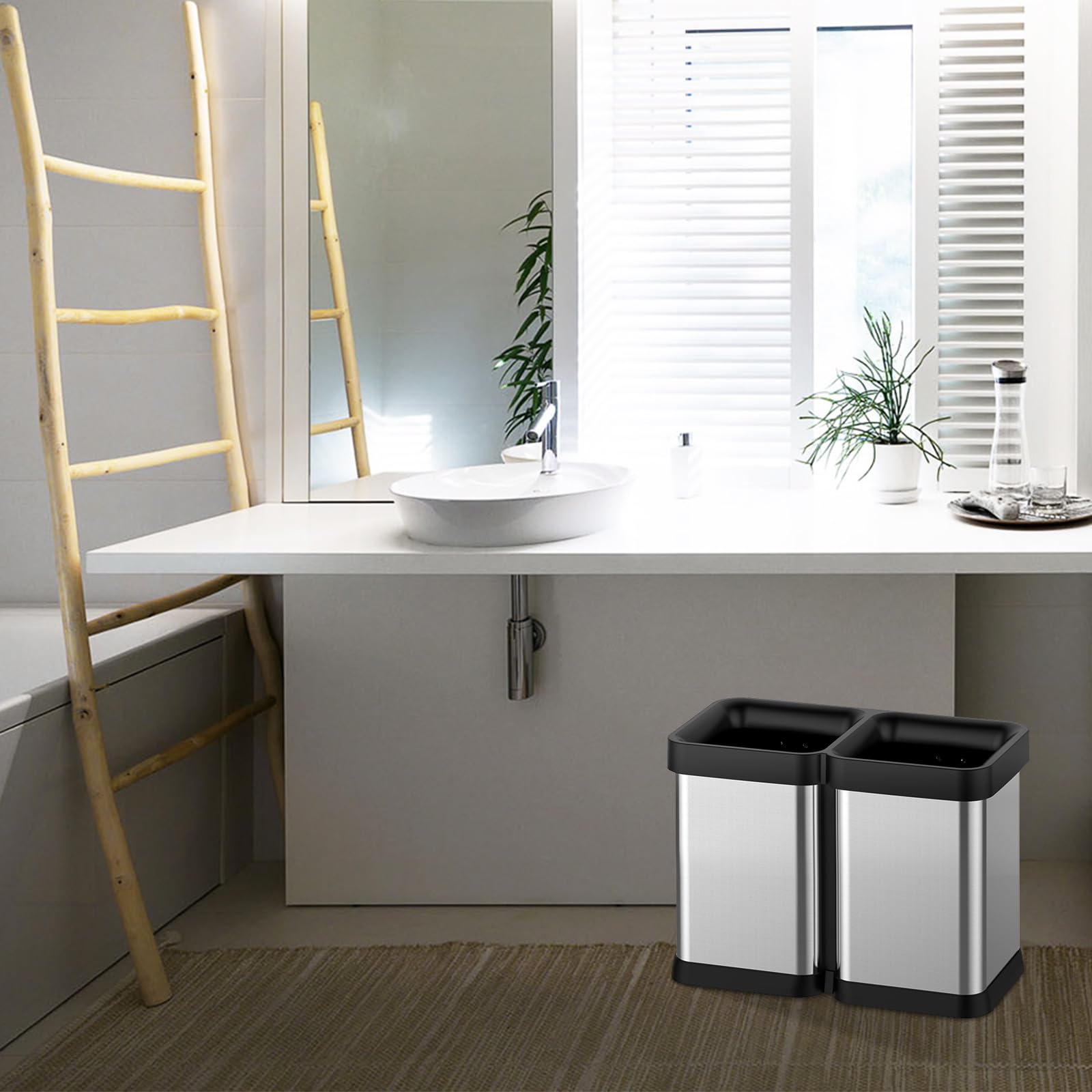 Cubo de basura abierto de 2 x 5.3 galones, cubo de basura de cocina de acero inoxidable a prueba de huellas dactilares, doble compartimento sin tapa para oficina, restaurante, comedor