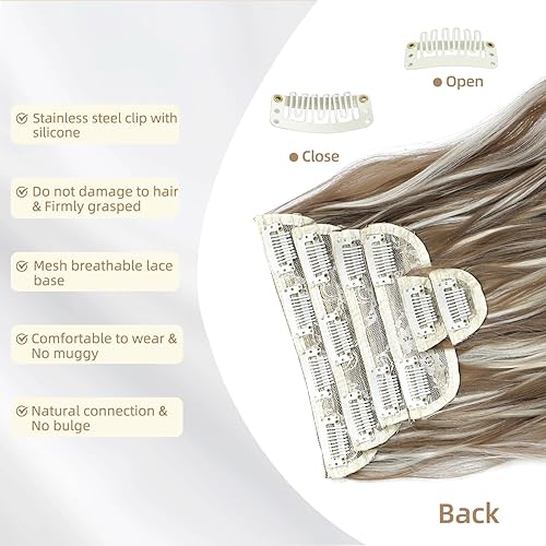 Miniatura 3 de Extensiones de cabello con clip, 6 extensiones onduladas, marrón claro y rubio ceniza, extensiones de cabello grueso que combina bien (20 pulgadas,