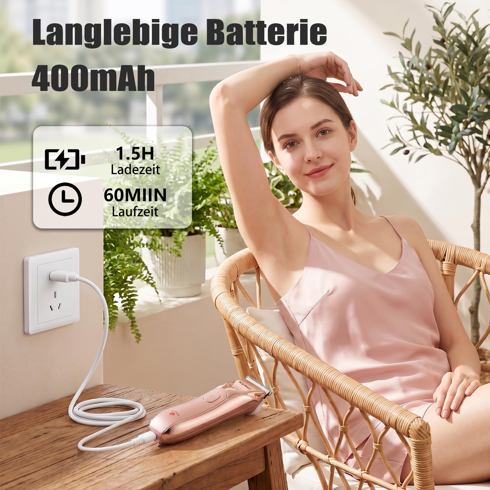 KEMEI 2-in-1 Elektrischer Damenrasierer & Trimmer, Kabelloser Haartrimmer Intimbereich, Keramikklinge & LED Licht, Sanfte Haarentfernung für Gesicht, Bikinizone, Achseln, Beine (Champagne)