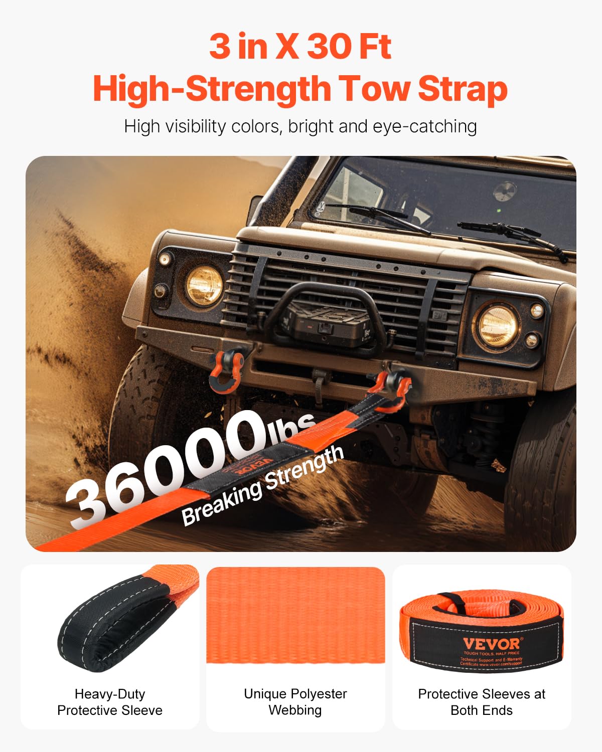 VEVOR Kit di Recupero con Cinghia di Traino per Impieghi Gravosi, Cinghia per Verricello Salva-Albero 76,2 mm x 9,1 m Resistenza alla Rottura di 16329 kg Triplo Anello Rinforzato, per Jeep, SUV, ATV