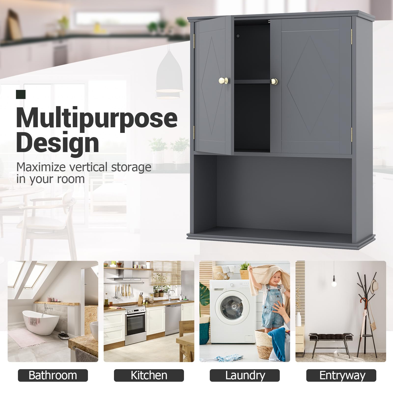 LIFEZEAL Meuble de Salle de Bain Mural, Armoire de Rangement Suspendue avec étagère Réglable, Compartiment Ouvert, Meuble de Salle de Bain Moderne en Bois pour Salle de Bain, Cuisine (Gris)