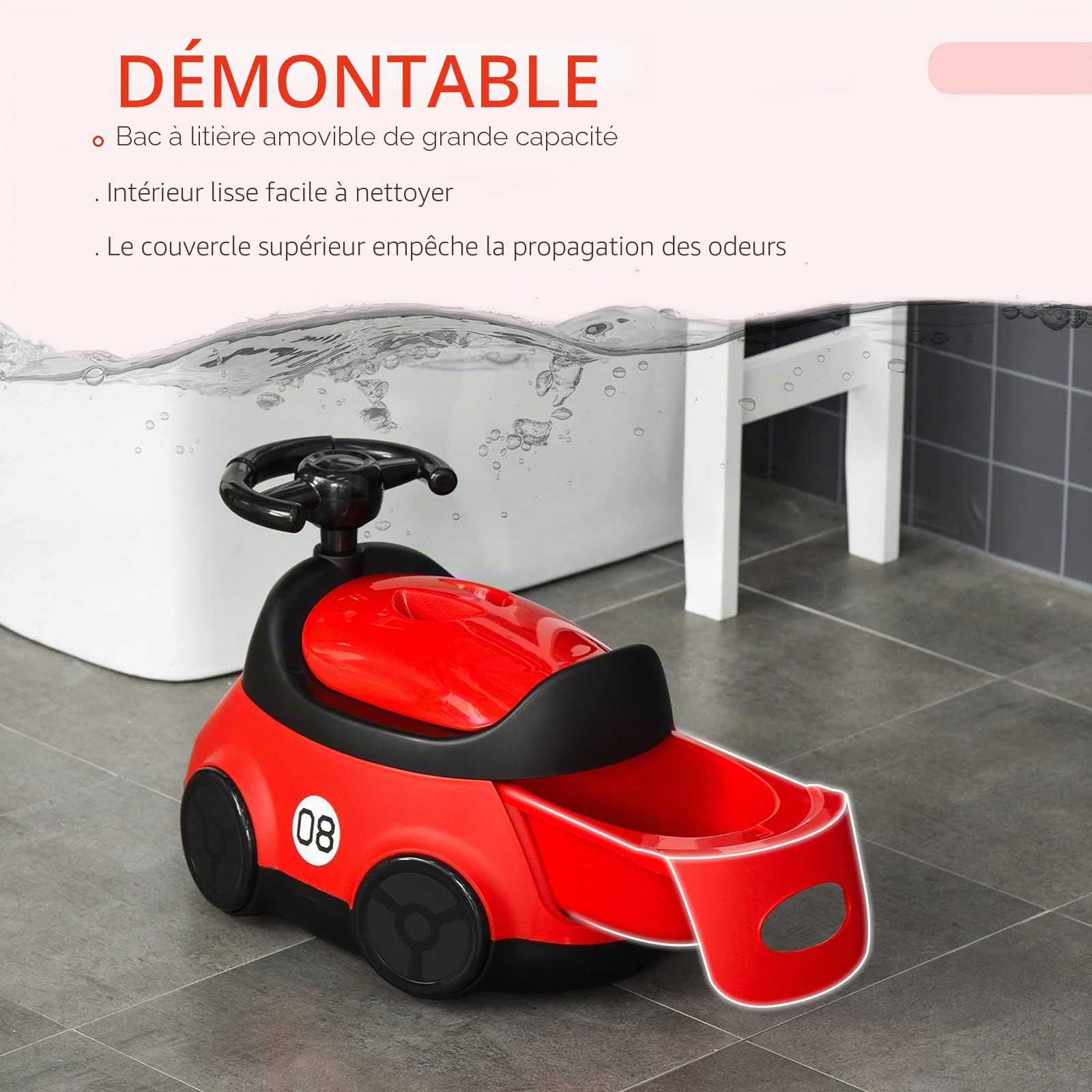 HOMCOM Pot pour bébé de 6 à 36 mois WC apprentissage entraînement portable en forme de voiture avec couvercle et volant Facile à nettoyer Charge 50 kg 40 x 27,5 x 29,1 cm Rouge