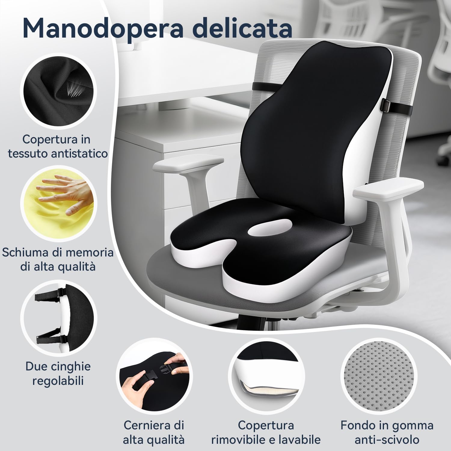 Travel Ease Set Cuscino per Sedia in Schiuma di Memoria e Supporto Lombare, Comfort Ergonomico per Sedia da Ufficio, Sedile Auto, Uso Domestico e Viaggi, Supporto per Schiena e Glutei, Nero