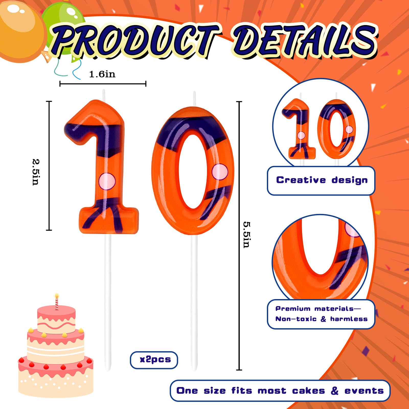 Velas de cumpleaños naranja de anime, velas de números para fiesta de cumpleaños, suministros de decoración de pasteles (naranja, número 10)