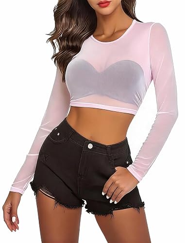 Avidlove Women's Mesh Tops Long Sleeve See Through Tee Shirt Crop Sheer Blouse Sexy Clubwear XS-4XL - Ac-pink - XX-Large
