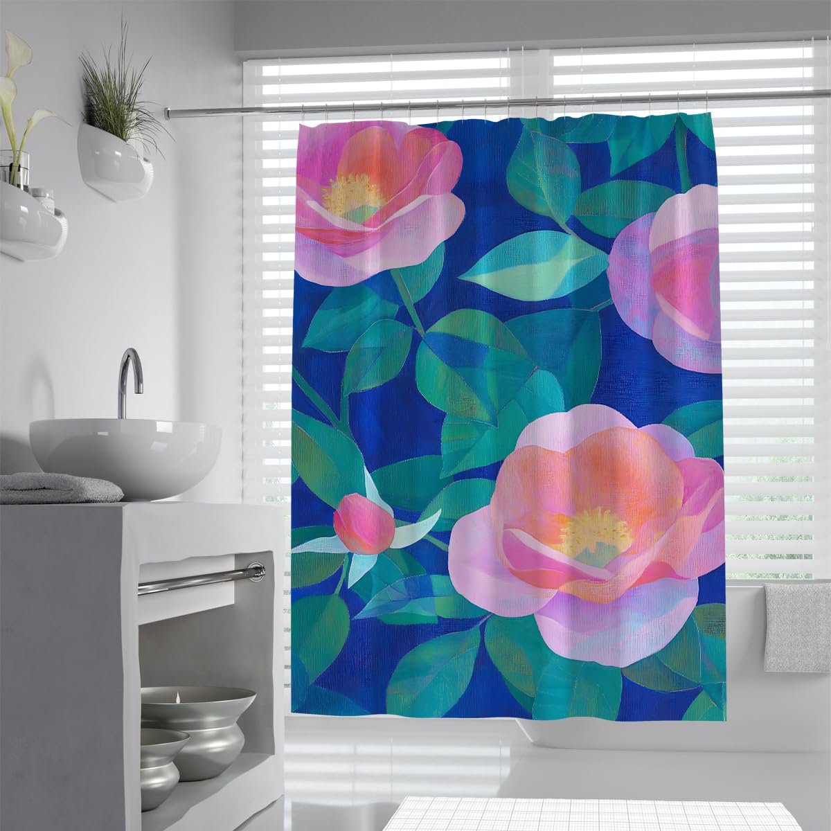 UIRINGART Chic Camellia Flower Shower Curtain W100xL180cm Pink Peony Botanical Design Mildew Resistant Waterproof Bathroom Curtain Bath Decoration With Hooks