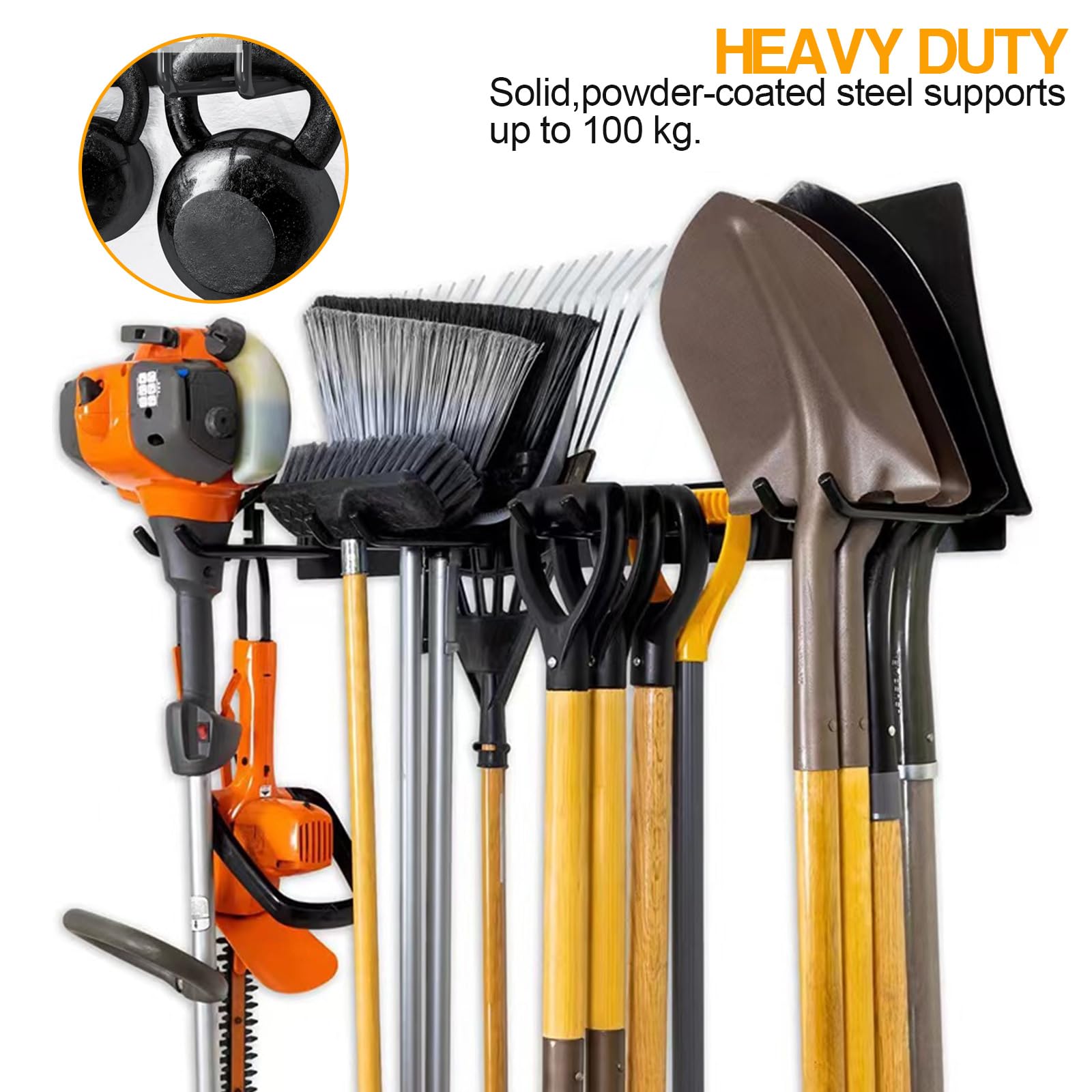 WMLBK Supporto da parete in metallo con 4 ganci doppi e 2 pannelli, portata 100 kg, per pale, scope, rastrelli e attrezzi da giardino in garage, giardino, cantina