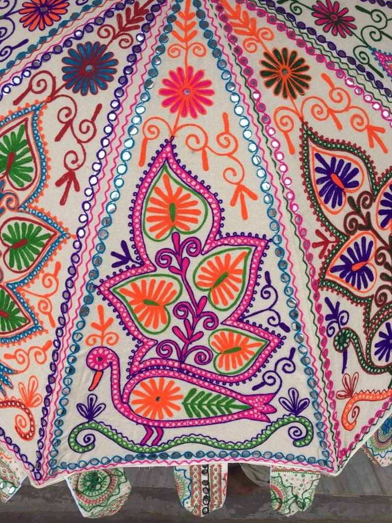 Indian Handmade Traditional Sun Shade Parasol Umbrella-mirror work Large Garden and Sun Umbrella, Indian Patios peacock umbrella, Beach Cafe Outdoor, Sun Shade Patio Umbrella (Multi color Embriodery)