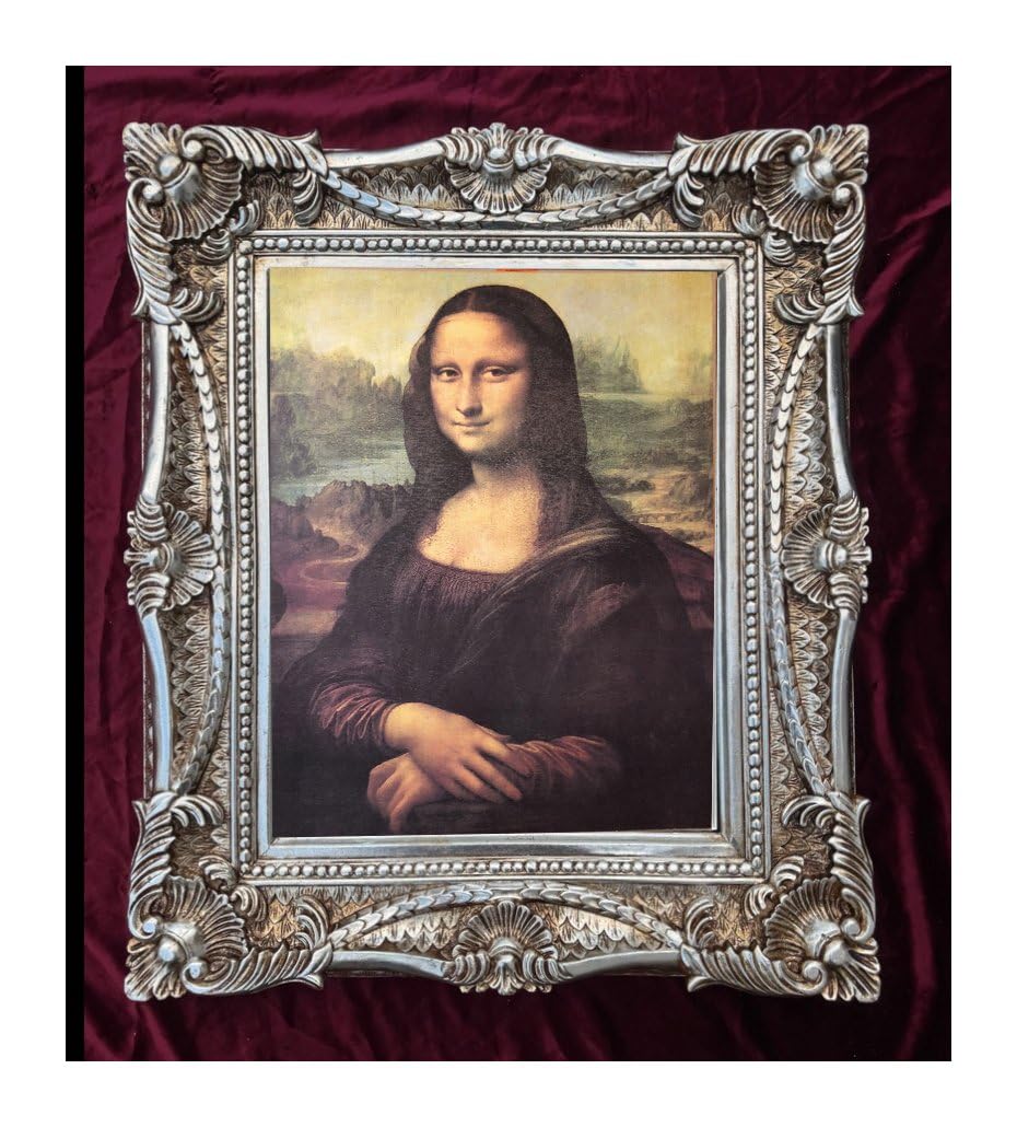 Mona Lisa Bild mit Barock Rahmen Wandbild von Leonardo da Vinci 73x63 SILBER cm Kunstdrucke Gemälde Retro Repro Antik für Home Büro Praxis Café