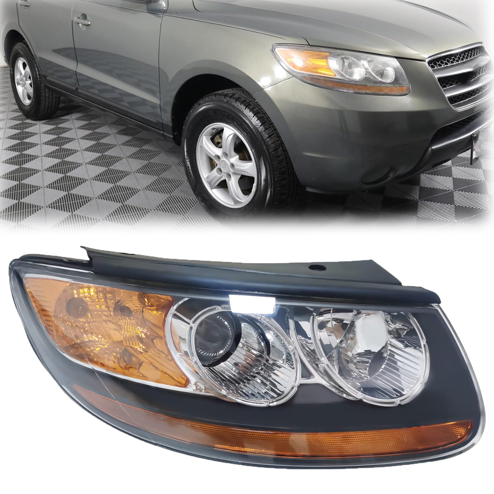 Front Headlight for 2007-2012 Hyundai Santa Fe Halogen Headlight 921020W100 921020W500 Front Headlamp Replacement Assembly（Passenger Side Headlight）