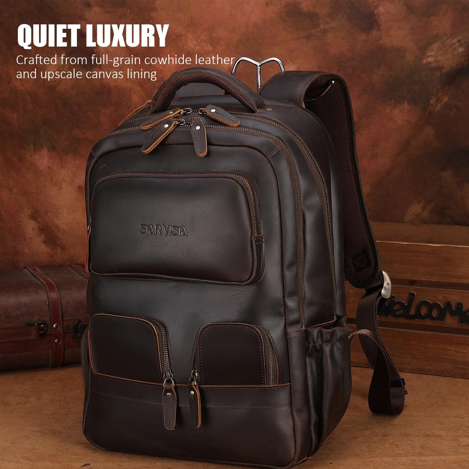 STAR VISTA 15.6" Raphael Vintage Full Grain Leather Laptop Backpack for Men, Multi Pockets, Casual Outdoor Business Travel Rucksack, YKK Zippers, Dark Brown