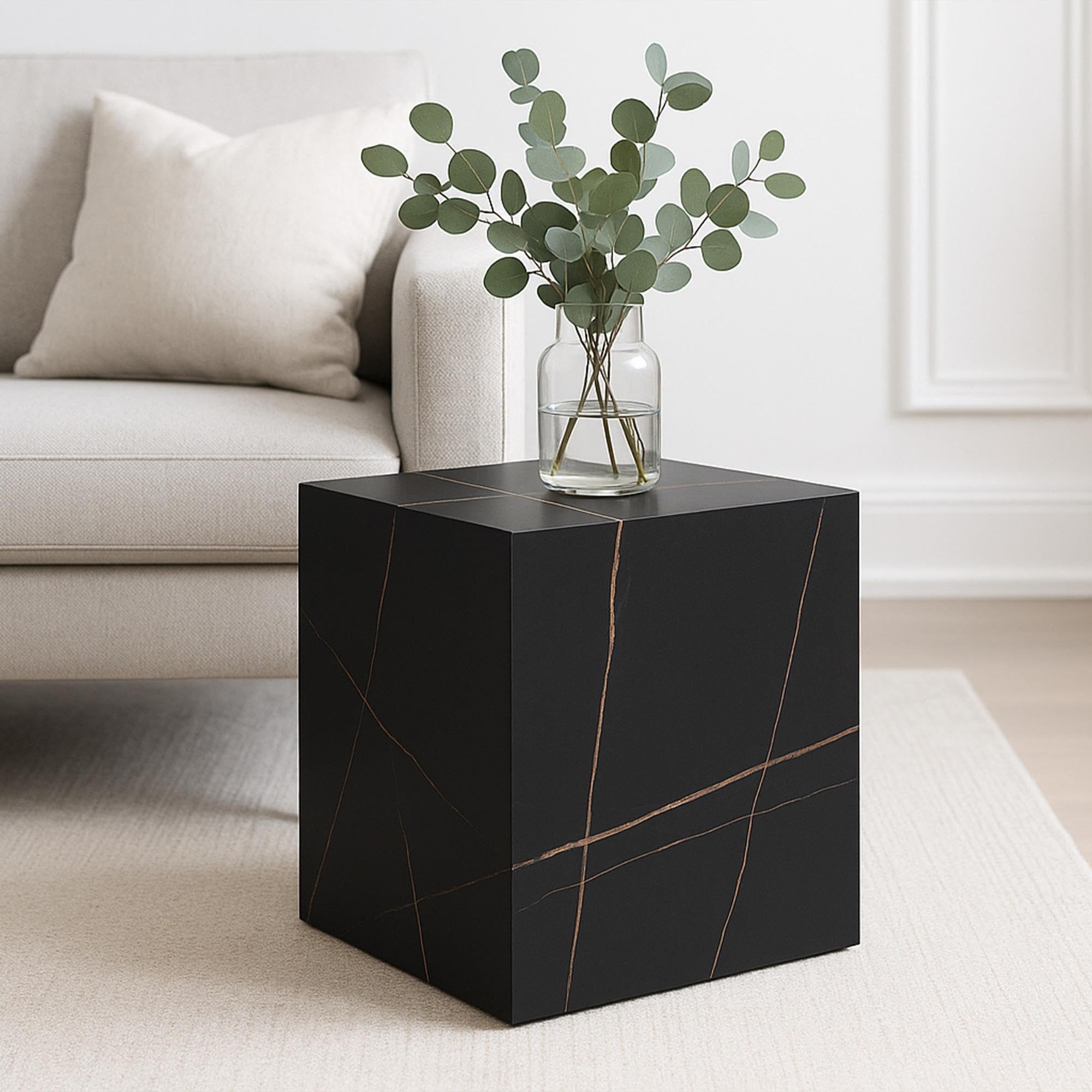 [en.casa] Mesa Auxiliar Ellelu en Forma de Cubo para Salón Dormitorio Recibidor Mesilla de Noche Montada Estable Versátil MDF 45 x 40 x 40 cm - Efecto Mármol Negro