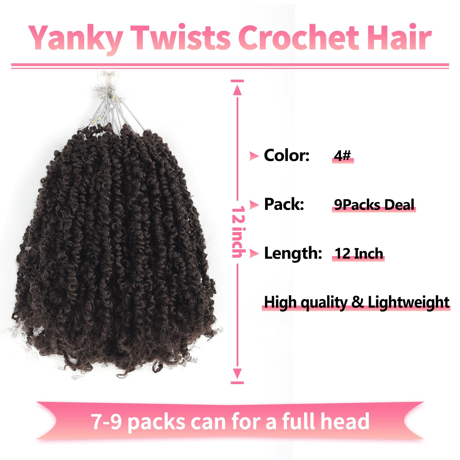 Alaleibaby 9 Packs Yanky Twist 12 inch Crochet Hair Pre-Twisted Curly Braiding Hair Extensions Pre-looped brown Yanky Twists Hair with Curls (4# - Image 2
