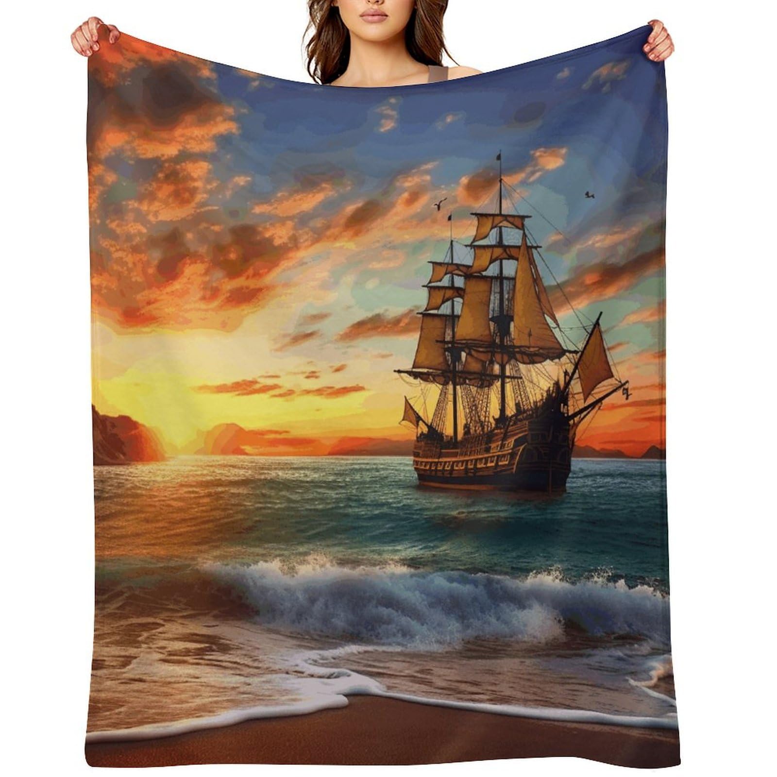 Pirate Ship in The Sunset Blankets Large Luxury Flannel Throw Blanket Fashion Thick Blanket for Sofa&Bed Blankets Cozy Ultra-Soft Bath Towel for Men&Women 40"x50"