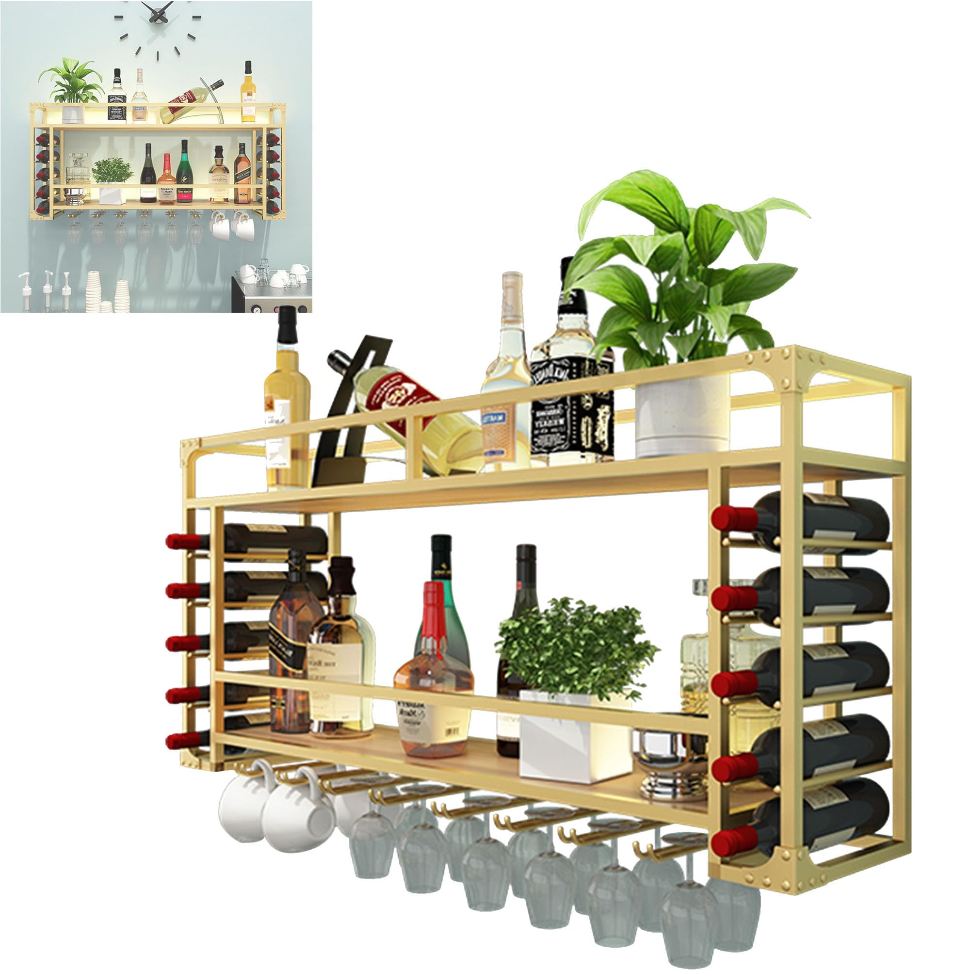 Mensole da Bar per Vino, mensole per liquori, mensole da Parete con portabicchieri, minibar, mensole da Parete per Bottiglie di Vino, Ripiani in Vetro, Mobile Bar angolare per caffè, mensola