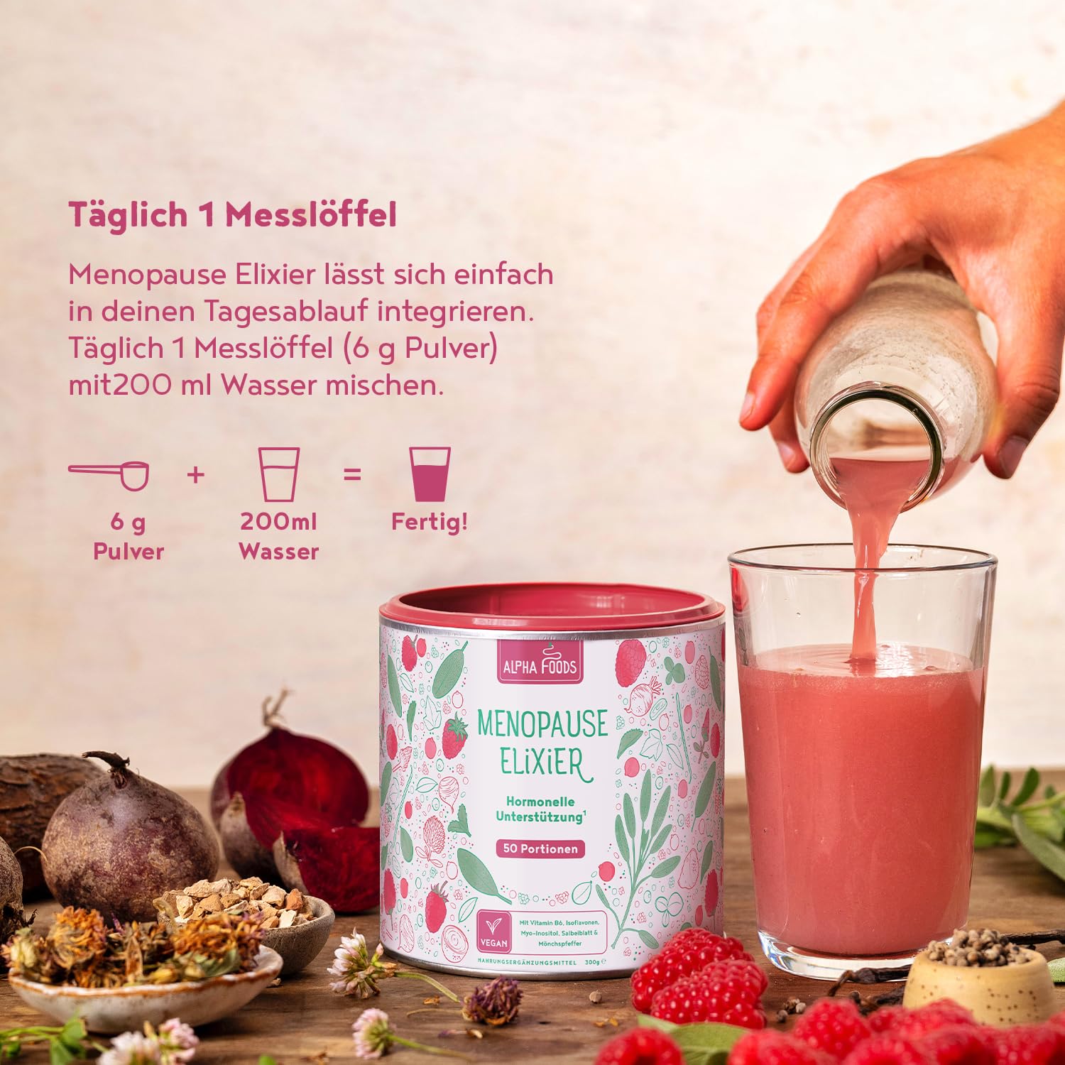 Menopause Elixier | 300g | Hormon Balance Pulver, nicht Kapseln | Hochdosiert Mönchspfeffer, Yamswurzel, Myo Inositol, Vitamin B6, D & Calcium | Wechseljahre Komplex | Vanille-Himbeer | Alpha Foods