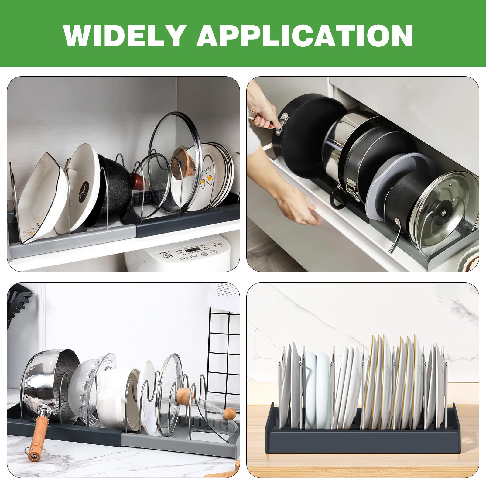 Porta Coperchi Pentole, Organizer Padelle, con 10 Scomparti Regolabili, Stendibile, Allungabile, Antiscivolo, ABS + Acciaio Inossidabile Spesso, per utensili da Cucina, Pentole, Coperchi