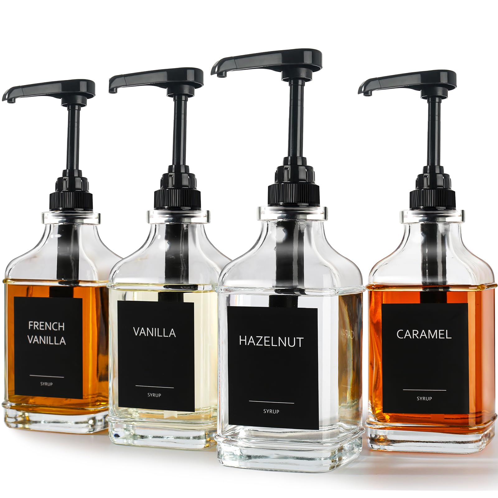 Distributeur de sirop de café carré en verre gmisun lot de 4 flacons avec pompe et étiquettes