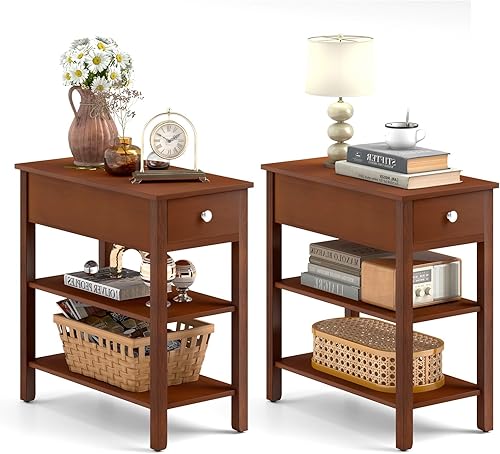 Giantex Juego de mesa auxiliar estrecha de 2, mesas auxiliares de granja con cajón y estantes de almacenamiento, mesa auxiliar de sofá de madera,
