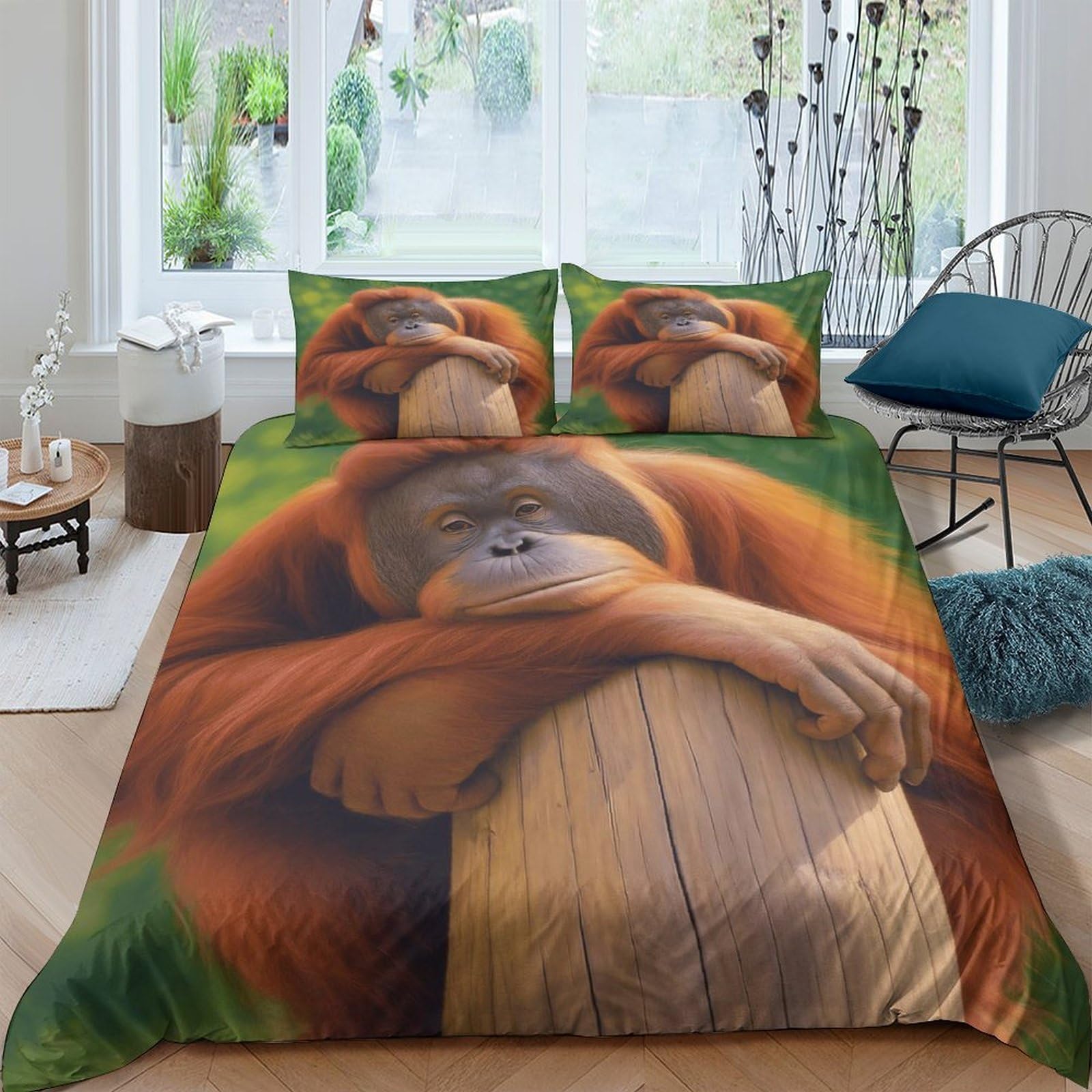 GPLZQXKJNH 3D Printed Orangutan Hug Duvet Cover Microfiber Breathable Animal Quilt Cover Set with 2 Pillowcases for Bedroom Decor Single（135x200cm）